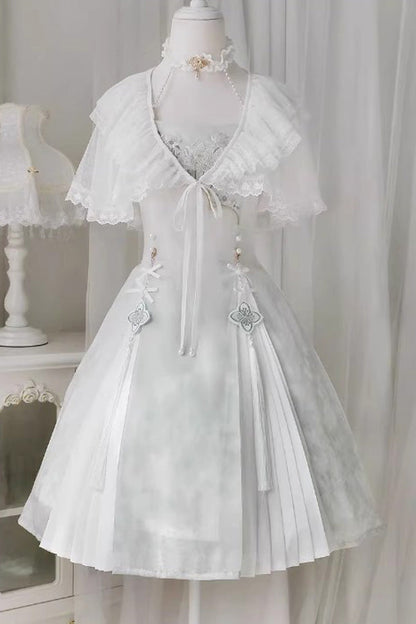 White Summer Dream Lotus Sleeveless Chinese-Style Sweet Qi Lolita JSK Dress