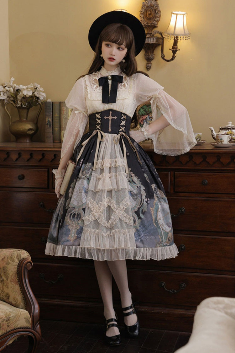 Cardigan with Lace Ruffles and Clock Butterfly Print Skirt Set