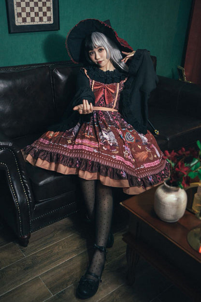 Brown Little Witch Sleeveless Print Ruffle Bowknot Sweet Elegant Lolita Jsk Dress