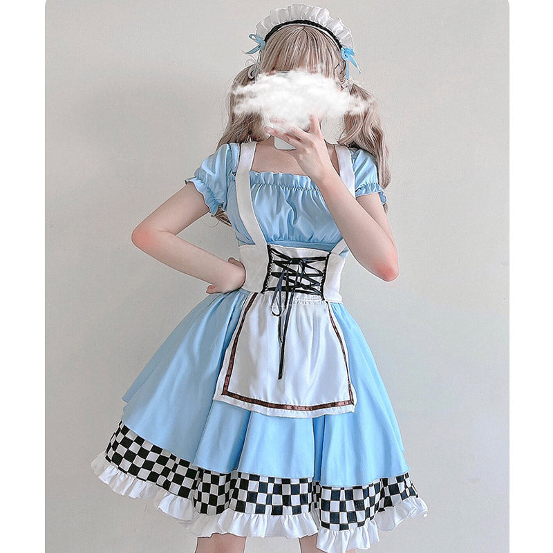 Blaues Lolita-Kleid mit Gittermuster und Rüschen und Schnürung