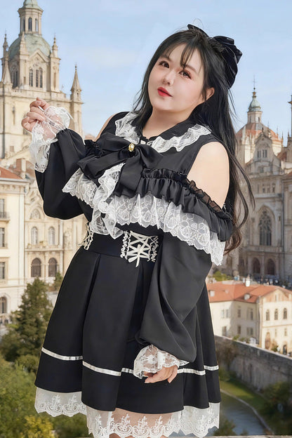 Black Off-Shoulder Ruffle Bow Lace Plus Size Blouse & Skirt Set