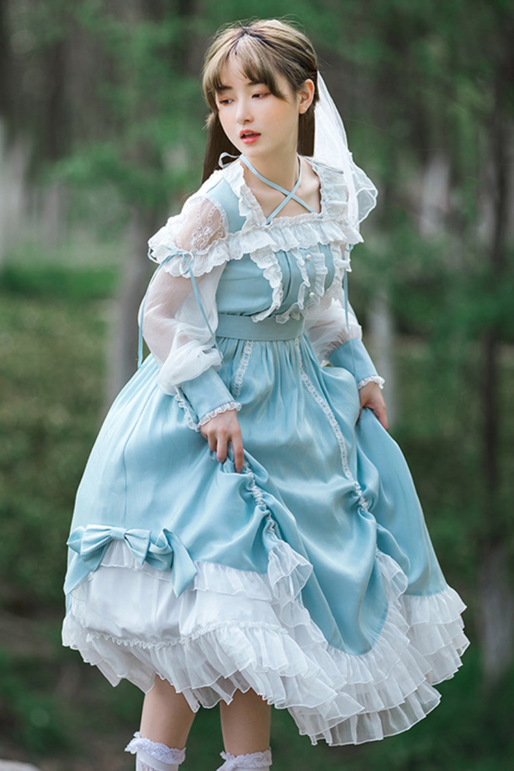Blue Hanayome Sweet Lolita OP Dress with Lace and Ruffled Sleeves