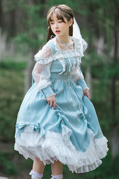 Blue Hanayome Sweet Lolita OP Dress with Lace and Ruffled Sleeves