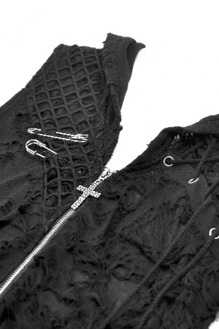 Hooded Punk Top with Ripped Mesh and Eyelets