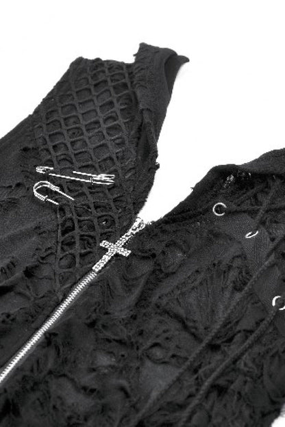 Hooded Punk Top with Ripped Mesh and Eyelets