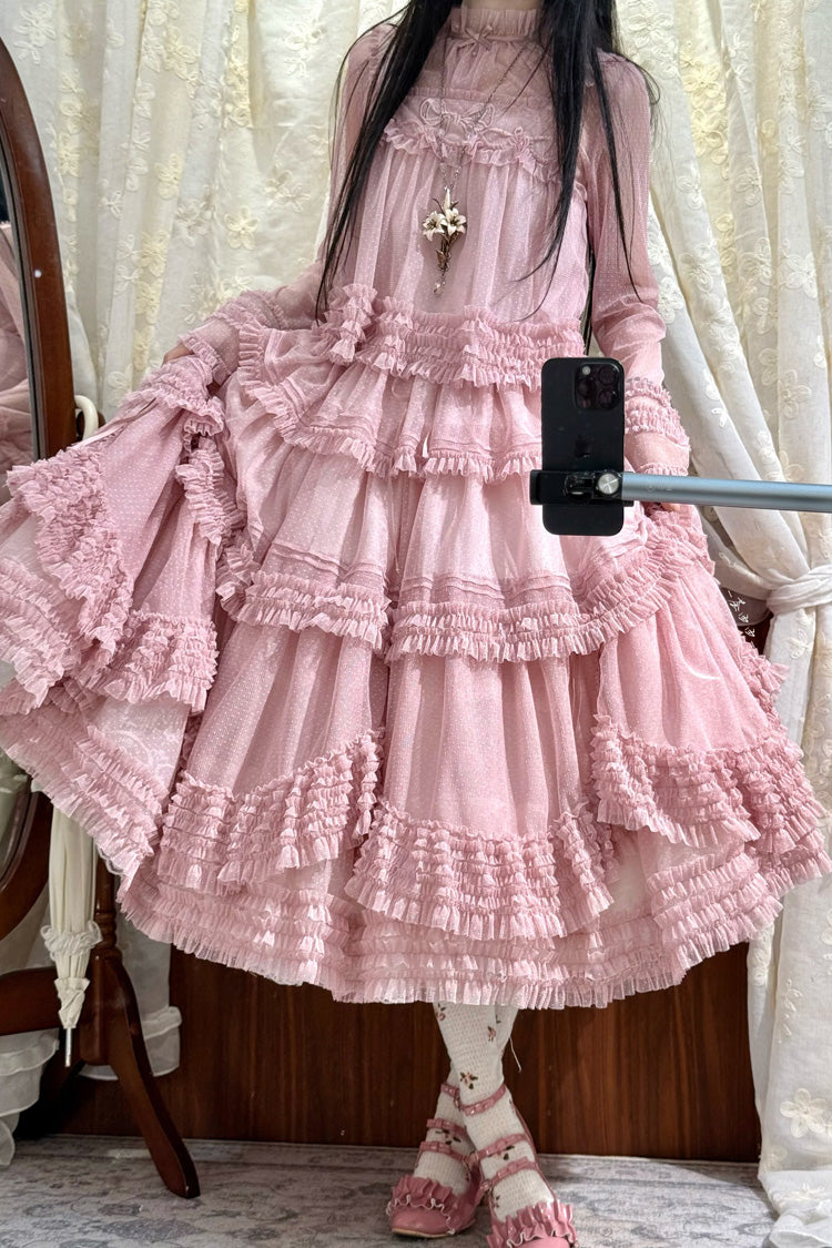Sweet Stand Collar Long Sleeve Multi Layer Ruffle Color Block Lolita Tiered Dress 14 Colors