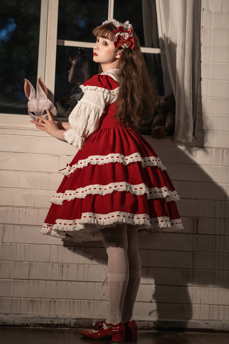 Red Antique Dolls Sweet Lolita Triple-Layered Bowknot JSK Dress
