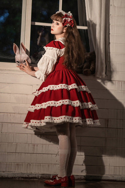Red Antique Dolls Sweet Lolita Triple-Layered Bowknot JSK Dress