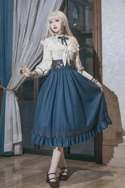 Blue Ruffle Embroidered Lace-Up Sweet College Elegant Lolita Skirt