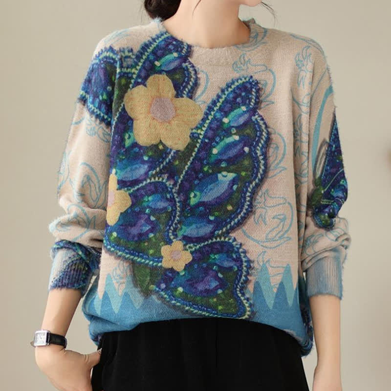 Pull vintage à imprimé papillon et fleurs bleues