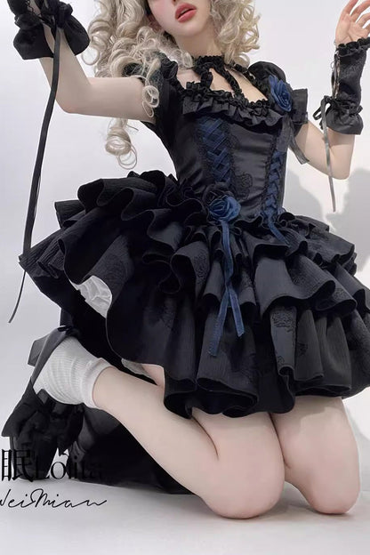 Halterneck Gothic Dress with Multi-Layered Ruffled Bow and Fishbone Lace-Up