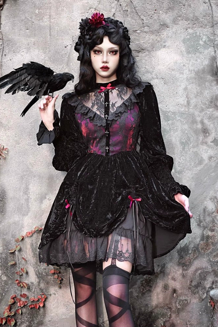 Rose Cemetery Puff Sleeve Lolita Dress with Hollow Lace - Noir