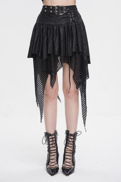 Gothic Skirt with Irregular Mesh Splice and Buckle