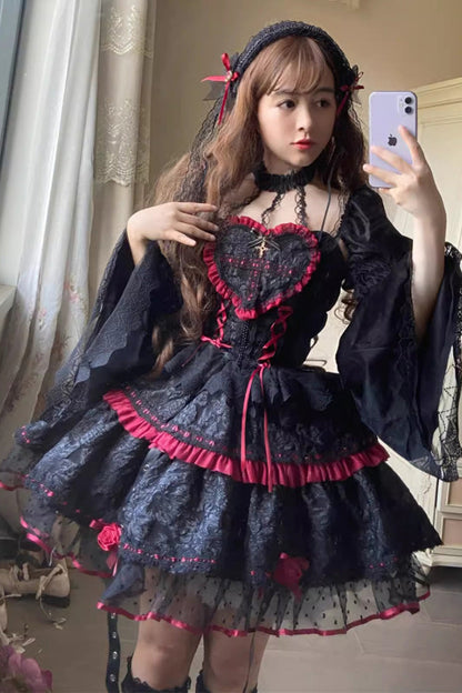 Witch Vampire Rose Print Ruffle Lace-Up Punk Dress
