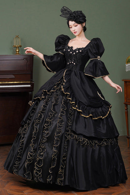 Square Collar Gothic Victorian Dress with Half Trumpet Sleeves and Ruffled Open-Front