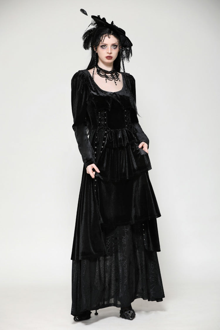 Coal Eyelet Side Slit Gothic Maxi Gown with Long Sleeves