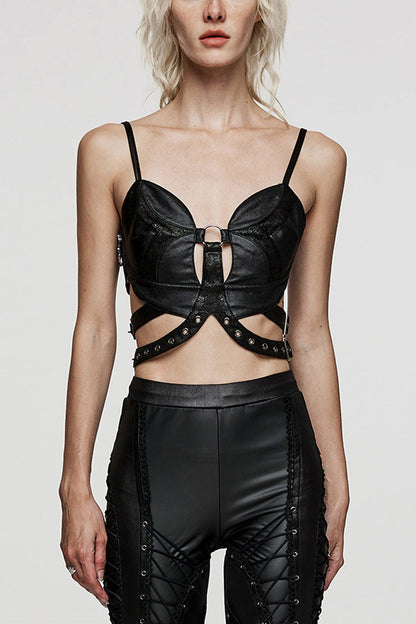 Gothic Corset with Hollow Metal Ring Lace in Black Faux Leather for Women