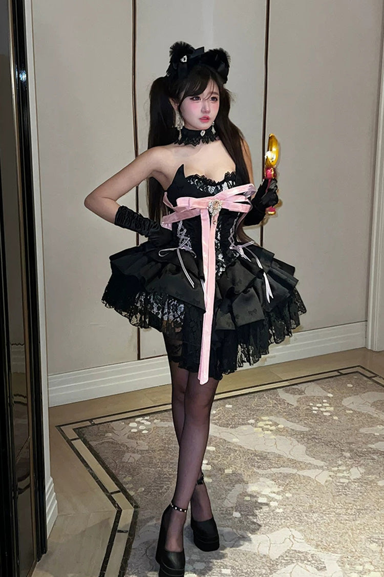 Kitten Sweetheart Multi-Layered Ruffled Bow Lace-Up Princess Ballet Gothic Lolita Jsk Dress