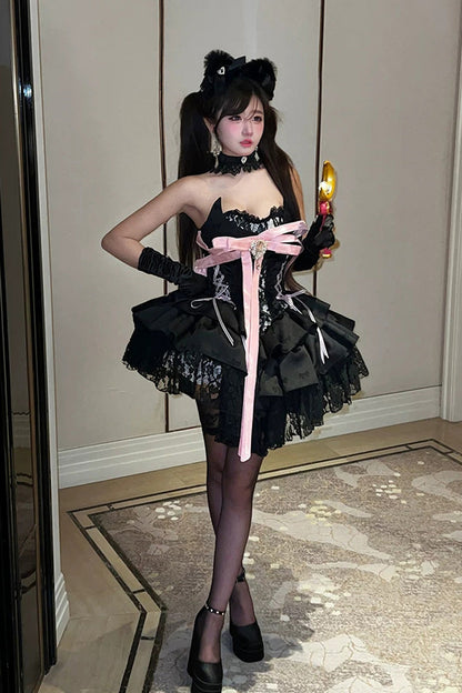 Kitten Sweetheart Multi-Layered Ruffled Bow Lace-Up Princess Ballet Gothic Lolita Jsk Dress