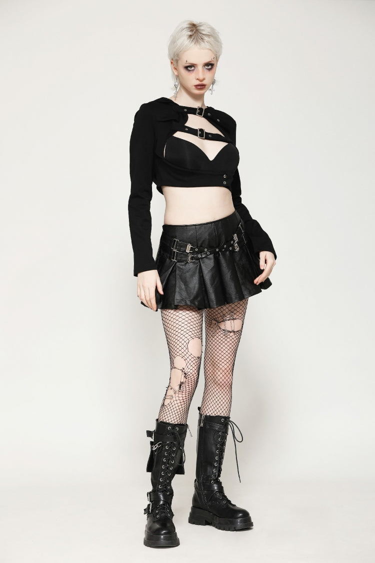 Ebony Buckled PU Mini Skirt with Faux Leather and Pleats - Femme
