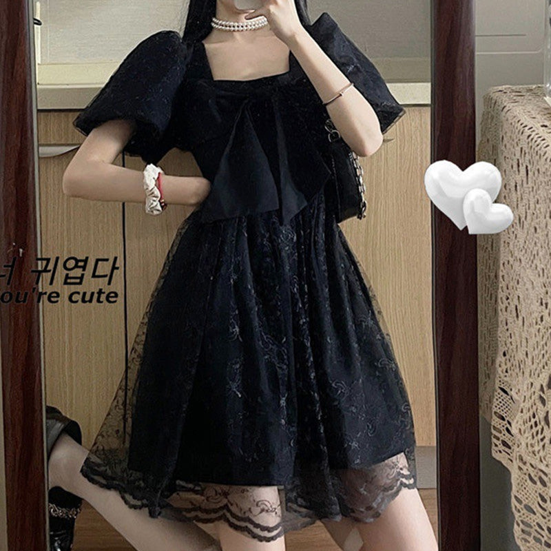 Black Lace Bow Knot Square Collar Tulle Dress SP19647