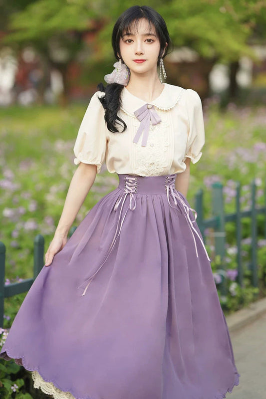 Solid Color Lapel Collar Short Sleeves High Waist Lace-Up Wave Hem Classic Lolita Two-Piece Set 7 Colors