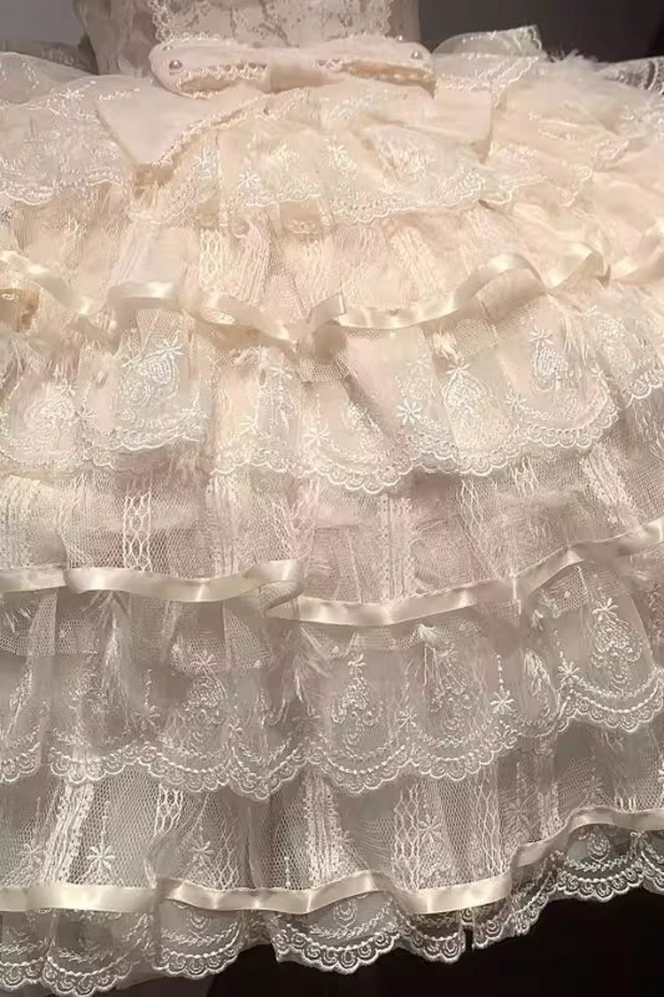 Apricot Feathers Ballad Sleeveless Multi-Layered Ruffle Hanayome Bow Sweet Lolita Jsk Dress