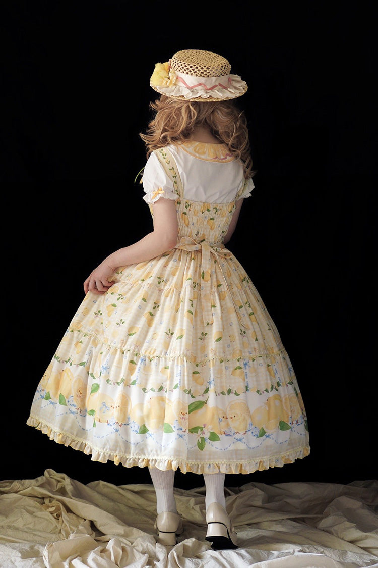 Lemon Chicken Print Ruffle Bow Lace Sweet Lolita JSK Long in Yellow