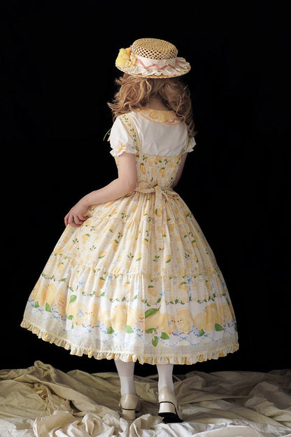 Lemon Chicken Print Ruffle Bow Lace Sweet Lolita JSK Long in Yellow