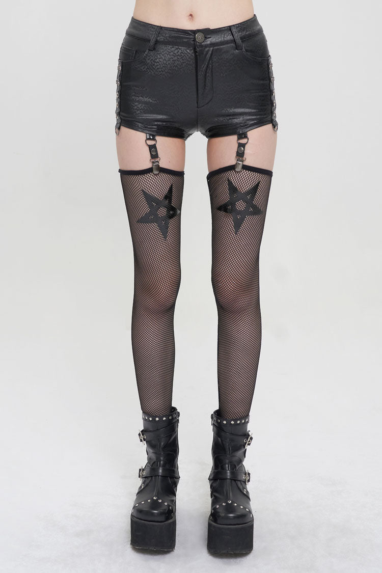 Pentagram Punk Shorts with Stockings in Black Faux Leather for Women