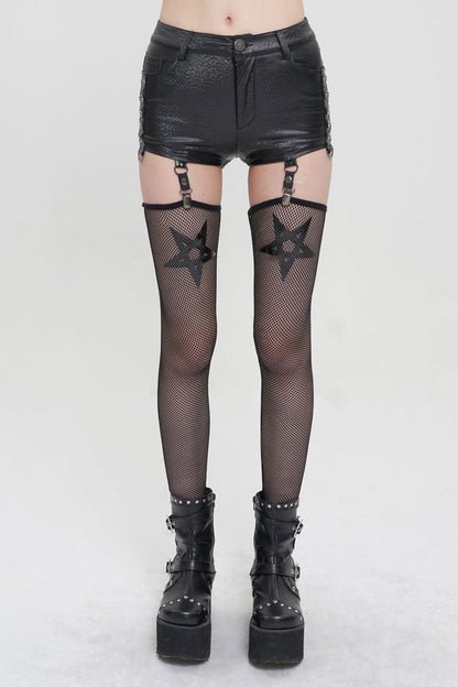 Pentagram Punk Shorts with Stockings in Black Faux Leather for Women
