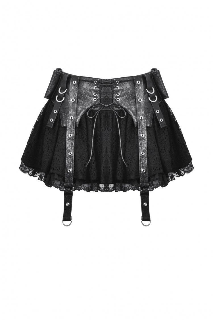 Lace-Up Punk Mini Skirt with Spliced Lace in Black Faux Leather