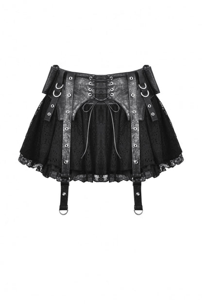 Lace-Up Punk Mini Skirt with Spliced Lace in Black Faux Leather