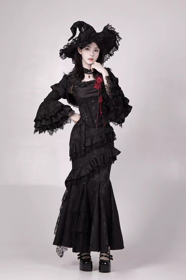 Gothic Lolita Skirt with Multi-Layered Jacquard and Ruffled Witch Design