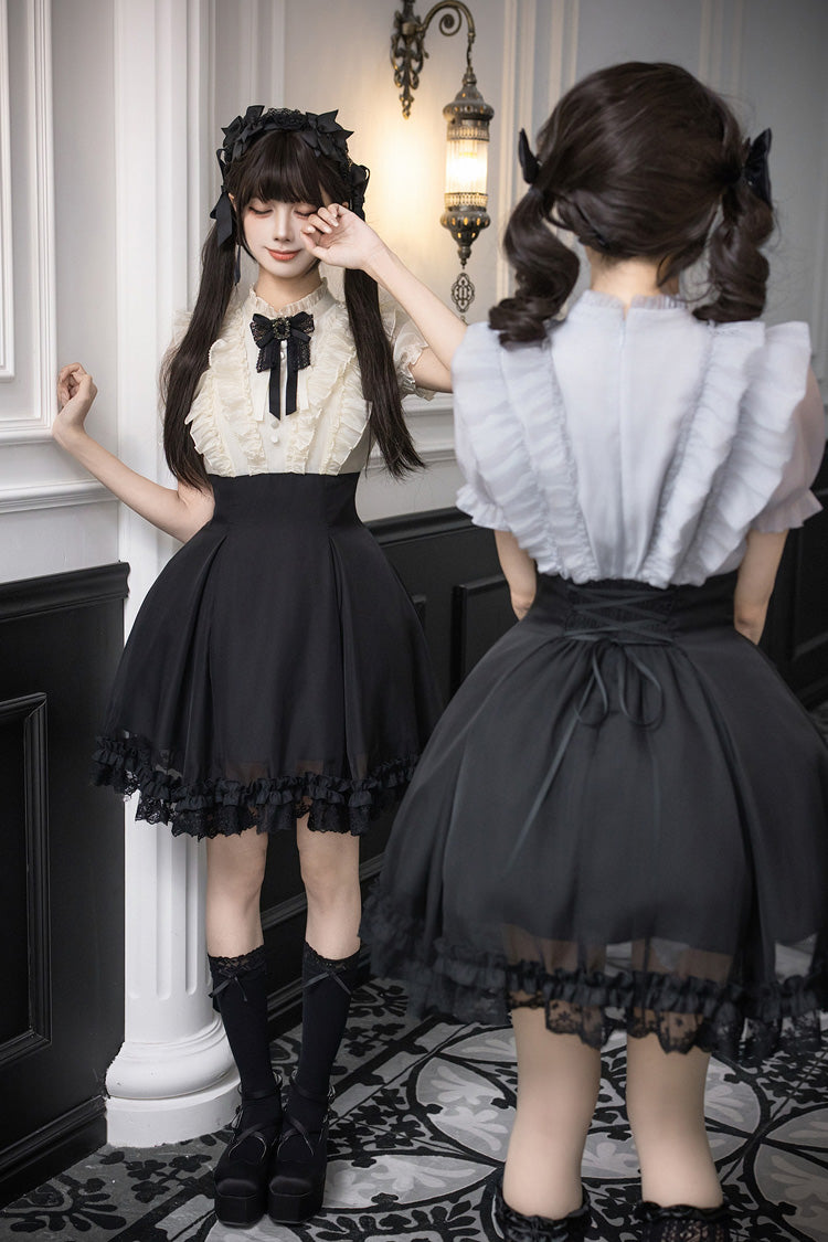 Puff-Sleeve Color-Blocked Faux Two-Piece Sweet Dress