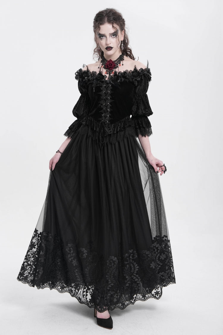 Women's Gothic Floral Mesh Skirt with Black Stitching