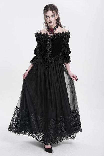 Women's Gothic Floral Mesh Skirt with Black Stitching