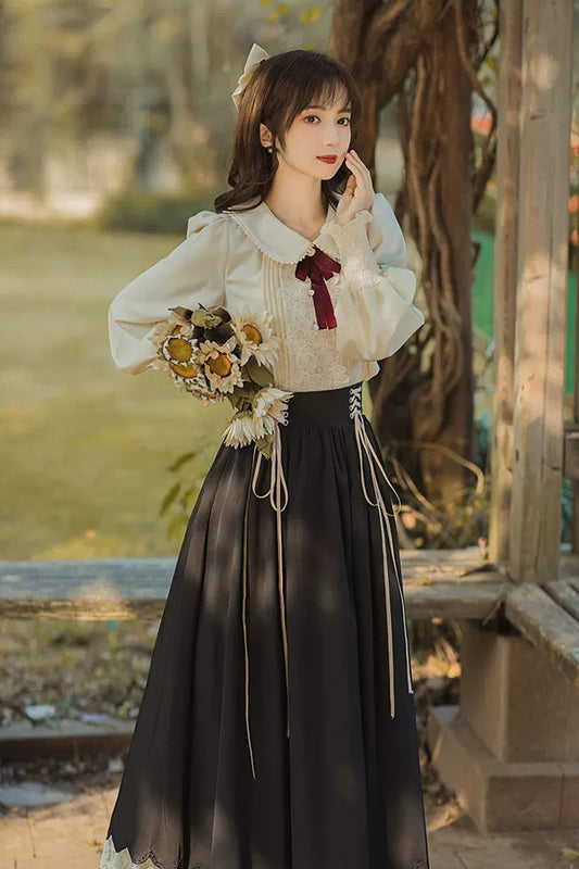 Black Lapel Collar Long Sleeves High Waist Lace-Up Wave Hem Classic Lolita Two-Piece Set