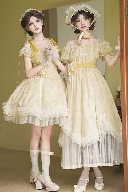 Golden Square-Collar Short-Sleeve Ruffled Lace Long Gown