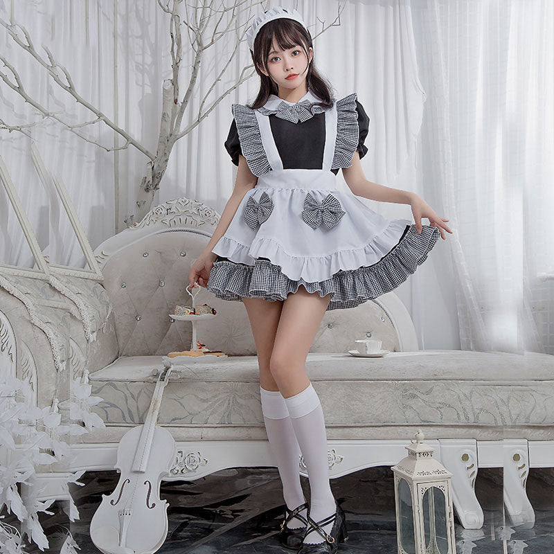 Robe de costume Lolita à volants et nœud papillon à carreaux Kawaii