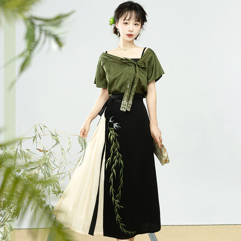 Elegant Salix Leaves Embroidery T-Shirt Cami Top Skirt