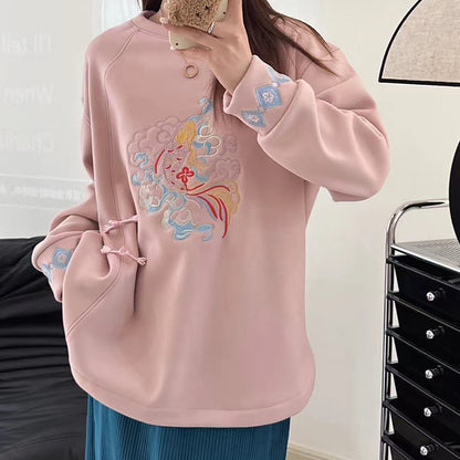Charmantes Sweatshirt mit rundem Kragen und Koi-Fisch-Stickerei