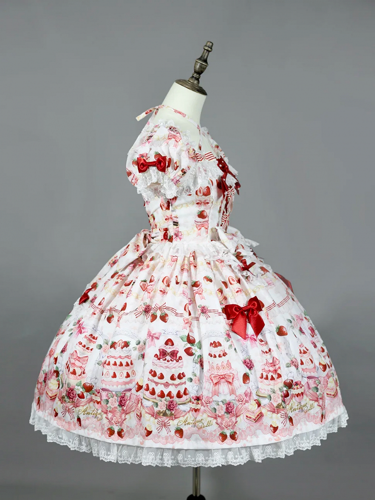 Strawberry Cake Print White Sweet Bow Accents Lolita Dress / Full Set