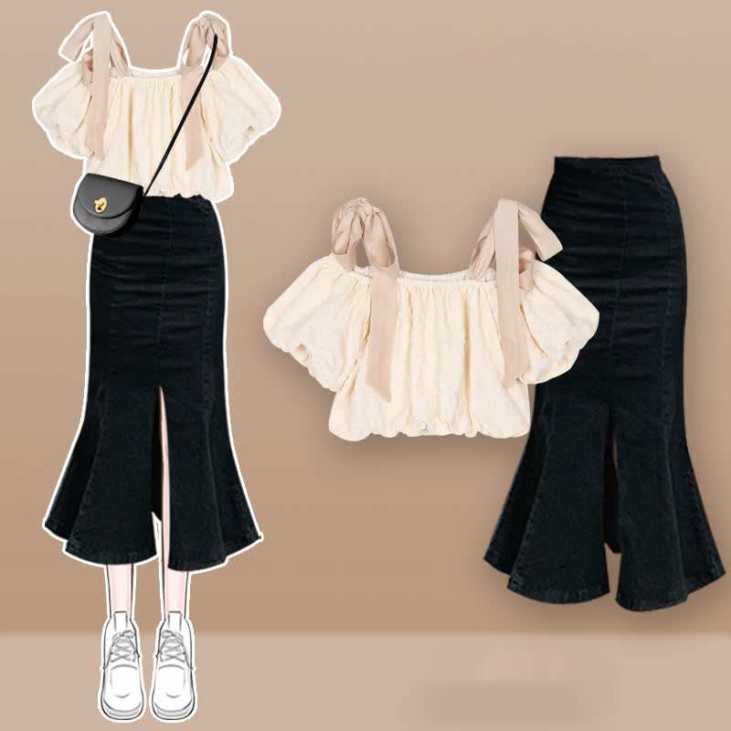 Lace Puff Crop Denim Pants T-Shirt Shoulder Up Skirt