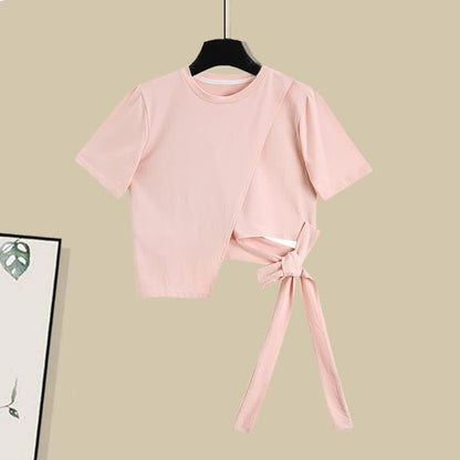 Skirt Bowknot Irregular Bow Crop Round T-Shirt Collar