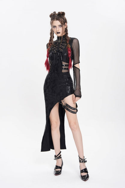 Stand Collar Long Sleeve Stitching Lace-Up Mesh Punk Dress
