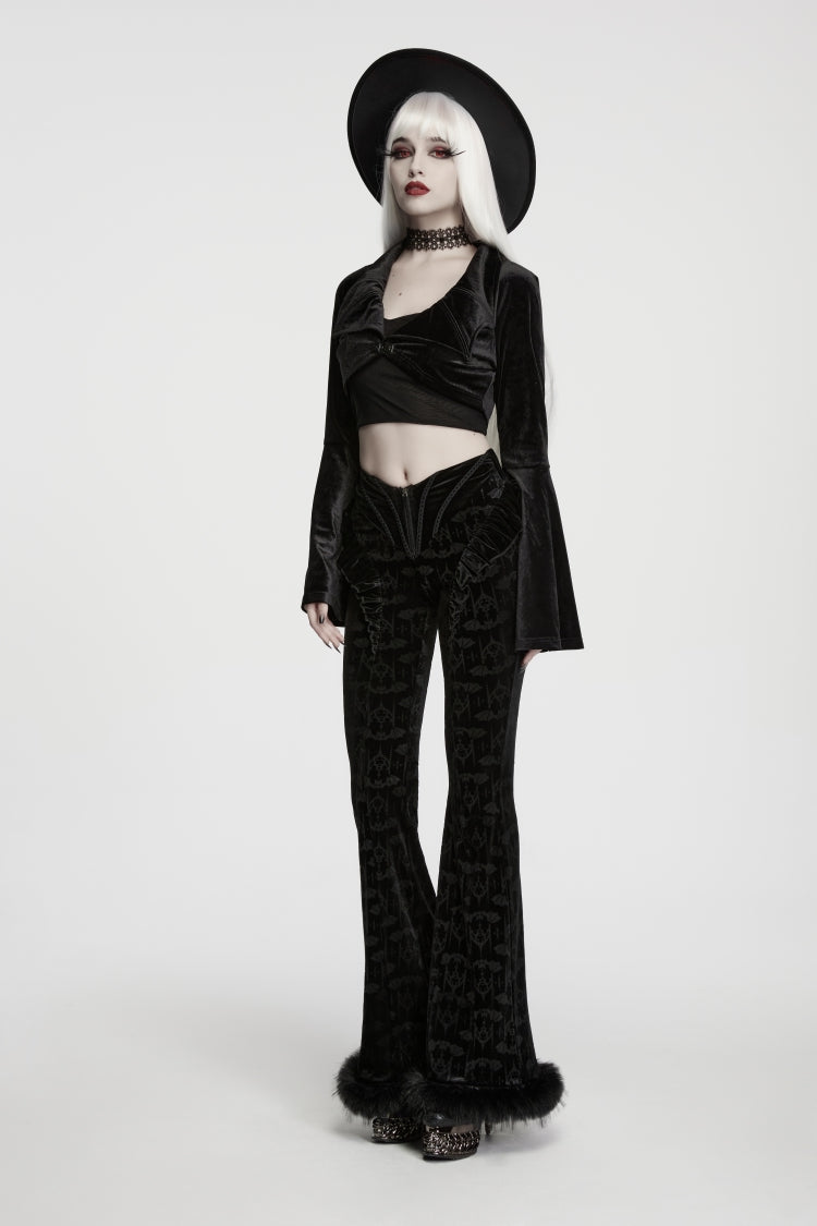 Gothic Short Jacket for Her with Velvet Bat Wing Collar and Flare Sleeves