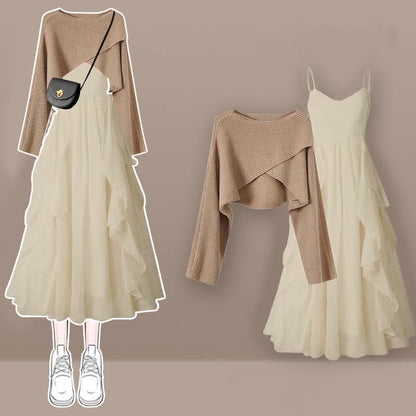 Cross Sweater Knit Slip Dress Flouncing Set