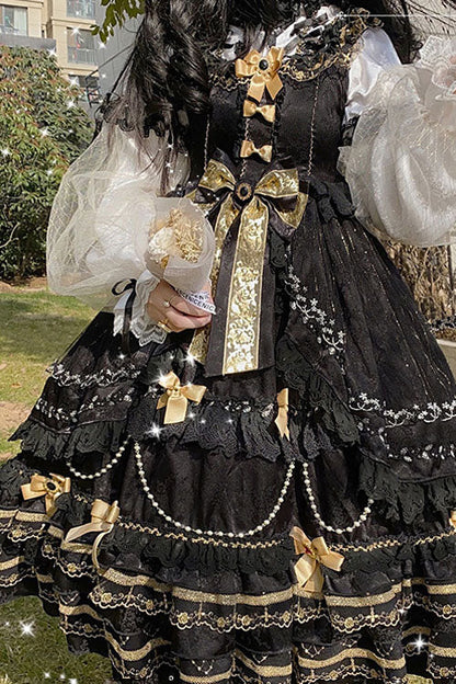Black Hanayome Sweet Lolita JSK with Bow and Multi-Layer Ruffles