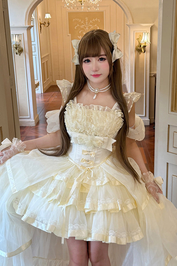 Mousse Love Song Off-Shoulder Sleeveless Triple-Layered Ruffled Hanayome Bow Sweet Elegant Ballet Lolita Short Dress Set in Beige